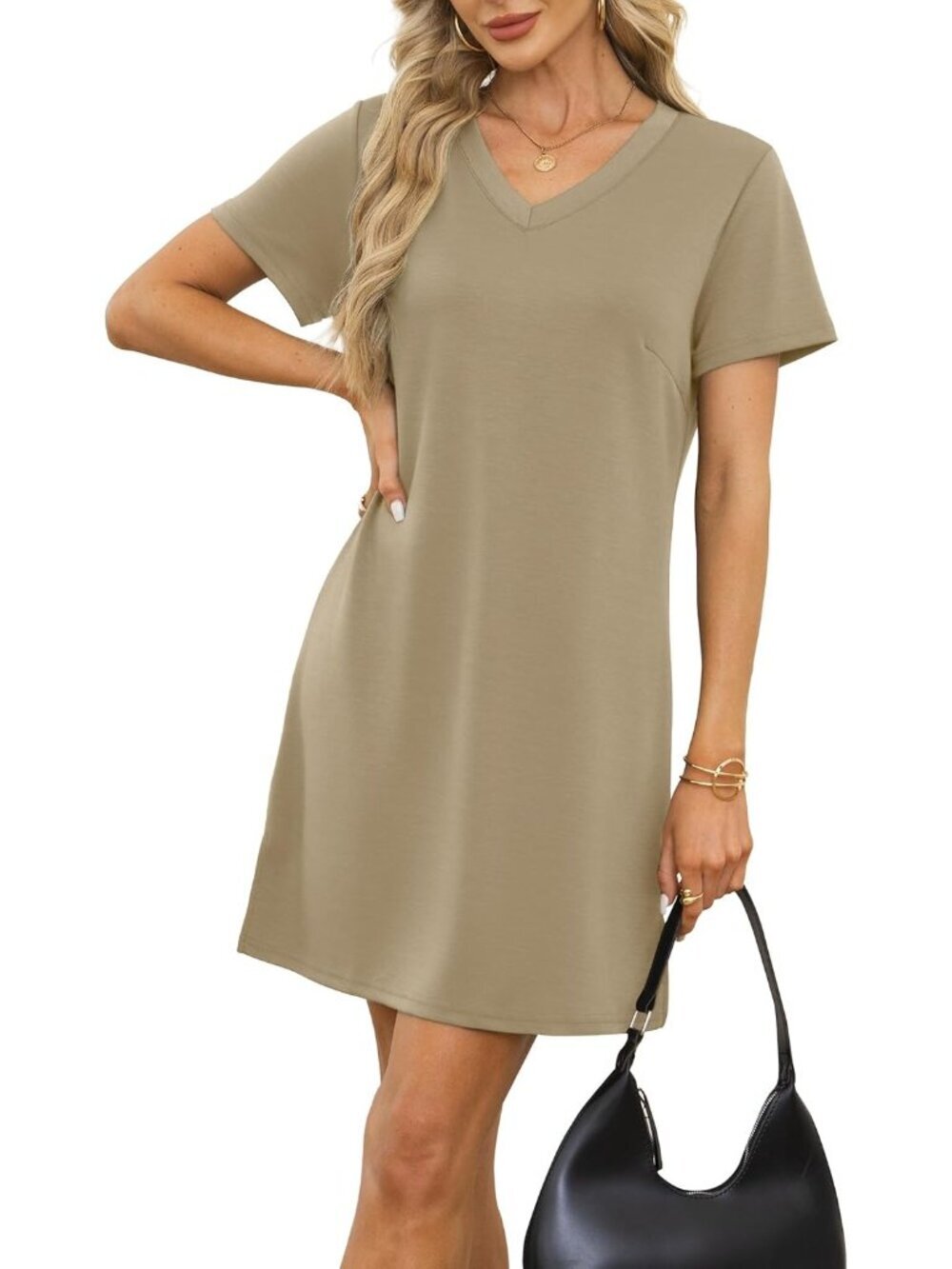 〽️Women's Khaki V Neck Casual Summer Sundress Imported Pull On T Shirt